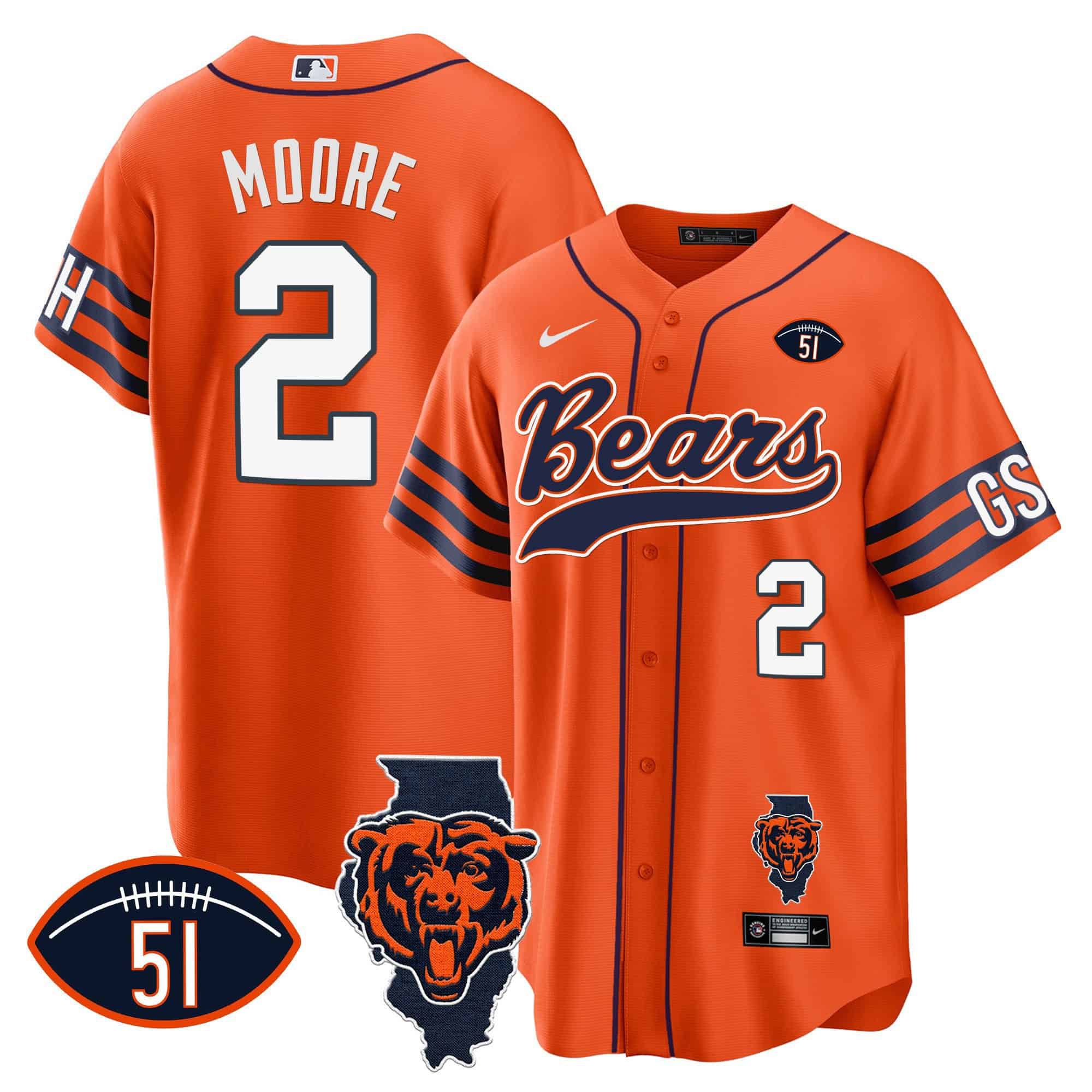 Men Chicago Bears #2 Moore Orange 2024 Nike Patch Baseball NFL Jersey